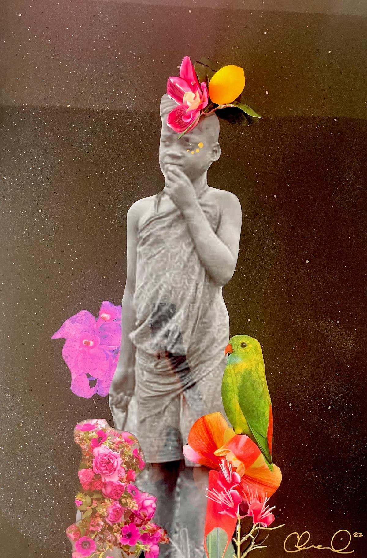 An art piece of floral and animal themed art superimposed on a black and white photo of a young person.